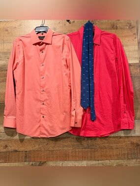 Bundle- 2 Dress Shirts With Shark Tie Long Sleeve Coral Size 15.5 Slim Fit 34/35